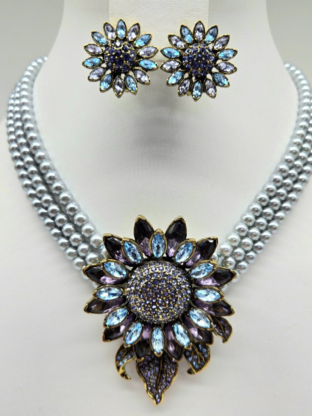 Heidi Daus Blue Flower Necklace Set Vintage Pearl Statement Swarovski Crystal